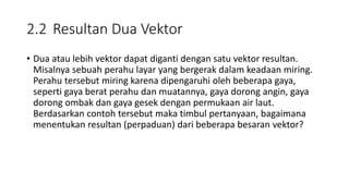 2.2 Resultan Dua Vektor
• Dua atau lebih vektor dapat diganti dengan satu vektor resultan.
Misalnya sebuah perahu layar yang bergerak dalam keadaan miring.
Perahu tersebut miring karena dipengaruhi oleh beberapa gaya,
seperti gaya berat perahu dan muatannya, gaya dorong angin, gaya
dorong ombak dan gaya gesek dengan permukaan air laut.
Berdasarkan contoh tersebut maka timbul pertanyaan, bagaimana
menentukan resultan (perpaduan) dari beberapa besaran vektor?
 