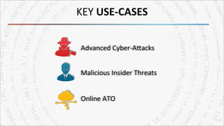 KEY	
  USE-­‐CASES	
  
12	
  
Advanced	
  Cyber-­‐ATacks	
  
Malicious	
  Insider	
  Threats	
  
Online	
  ATO	
  
 