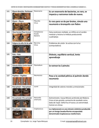 CENTRO DE ESTUDIO E INVESTIGACIÓN DE BIOMAGNETISMO HOLÍSTICO Y TÉCNICAS BIOENERGÉTICAS PARA EL DESARROLLO HUMANO A.C.
19 Compilador: Lic. Jorge Tapia Márquez E-mail: mnjorgetapia@hotmail.com
181 Pleura derecha– Peritoneo Reservorio Es un reservorio de bacterias, es raro, se
impacta y rastramos todo de nuevo.
182 Pleura – Pleura Pleuritis
Virus
Es rara pero se da por brotes, simula una
neumonía o bronquitis con fiebre
183 Plexo Cervical-Plexo Cervical Estreptococo
fecales
Bacteria
Falsa esclerosis múltiple, se infiltra en el cordón
medular y lesiona la médula produciendo
cuadriplejia
184 Polígono de willis–Pol de willis Reo virus
Virus
Problemas de visión. Se activa con la luz
(computadora)
185 Polo – Polo Dislexia, equilibrio vertical, lento
aprendizaje
186 Pómulo-Riñón Contra lateral Plasmodium Se rastrean los 2 pómulos
187 Poplíteo – Poplíteo Neumococo Pasa a la cavidad pélvica al pulmón dando
neumonía
188 Post pineal – Post pineal scaret Integridad de valores morales y emocionales
189 Pre auricular–Pre auricular Neocardia
americana
Actinomiceto. Causa Micosis profunda pie Madura.
Crece el pie grande y presenta de exudado como
baba de nopal. Deforma el hueso y la extremidad.
Común en climas
190 Pre pineal – Vejiga Cryptococcus La criptococosis es una micosis sistémica producida
por un hongo levaduriforme encapsulado
denominado Cryptococcus neoformans
 
