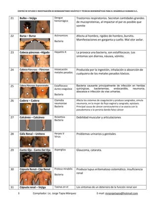 CENTRO DE ESTUDIO E INVESTIGACIÓN DE BIOMAGNETISMO HOLÍSTICO Y TÉCNICAS BIOENERGÉTICAS PARA EL DESARROLLO HUMANO A.C.
3 Compilador: Lic. Jorge Tapia Márquez E-mail: mnjorgetapia@hotmail.com
21 Bulbo – Vejiga Dengue
hemorrágico
Trastornos respiratorios. Secretan cantidades grandes
de mucoproteinas, al impactar el par es posible que
vomite
22 Bursa – Bursa Actinomices
Bacteria
Afecta al hombro, rigidez de hombro, bursitis.
Manifestaciones en garganta y cuello. Mal olor axilar.
23 Cabeza páncreas –Hígado Hepatitis K La provoca una bacteria, son estafilococos. Los
síntomas son diarrea, náusea, vómito.
24 Cabeza Páncreas – Páncreas Intoxicación
metales pesados
Producida por la ingestión, inhalación o absorción de
cualquiera de los metales pesados tóxicos.
25 Cabeza Páncreas–Suprarrenales Estafilococo
áureo coagulasa
Bacteria
Bacteria causante principalmente de infección en heridas
quirúrgicas, bacteriemias, endocarditis, neumonía,
abscesos e infección de vías urinarias.
26 Cadera – Cadera Clamidia
neumoniae
Bacteria
Afecta los sistemas de coagulación y produce sangrados, simula
neumonía, en la mujer da flujo vaginal y sangrado, epistaxis.
Principal causa de cáncer cervicouterino si se asocia con la
pseudomona o la yersinia dando falso cáncer
27 Calcáneo – Calcáneo Rickettsia
Bacteria
Debilidad muscular y articulaciones
28 Cáliz Renal – Urétero Herpes V
Virus
Problemas urinarios y genitales
29 Canto Ojo - Canto Del Ojo Aspergilus Glaucoma, catarata.
30 Cápsula Renal– Cáp Renal Proteus mirabilis
Bacteria
Produce lupus eritematoso sistemático. Insuficiencia
renal
31 Cápsula renal – Vejiga Toxinas en el Los síntomas de un deterioro de la función renal son
 
