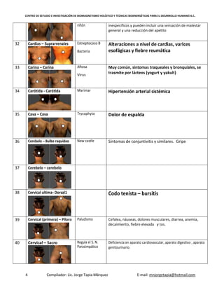 CENTRO DE ESTUDIO E INVESTIGACIÓN DE BIOMAGNETISMO HOLÍSTICO Y TÉCNICAS BIOENERGÉTICAS PARA EL DESARROLLO HUMANO A.C.
4 Compilador: Lic. Jorge Tapia Márquez E-mail: mnjorgetapia@hotmail.com
riñón inespecíficos y pueden incluir una sensación de malestar
general y una reducción del apetito
32 Cardias – Suprarrenales Estreptococo B
Bacteria
Alteraciones a nivel de cardias, varices
esofágicas y fiebre reumática
33 Carina – Carina Aftosa
Virus
Muy común, síntomas traqueales y bronquiales, se
trasmite por lácteos (yogurt y yakult)
34 Carótida - Carótida Marimar Hipertensión arterial sistémica
35 Cava – Cava Trycophyto Dolor de espalda
36 Cerebelo – Bulbo raquídeo New castle Síntomas de conjuntivitis y similares. Gripe
37 Cerebelo – cerebelo
38 Cervical ultima- Dorsal1 Codo tenista – bursitis
39 Cervical (primera) – Píloro Paludismo Cefalea, náuseas, dolores musculares, diarrea, anemia,
decaimiento, fiebre elevada y tos.
40 Cervical – Sacro Regula el S. N.
Parasimpático
Deficiencia en aparato cardiovascular, aparato digestivo , aparato
genitourinario.
 