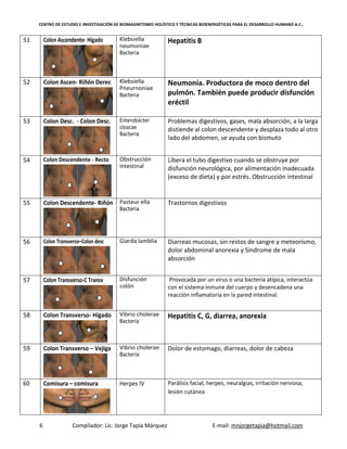 CENTRO DE ESTUDIO E INVESTIGACIÓN DE BIOMAGNETISMO HOLÍSTICO Y TÉCNICAS BIOENERGÉTICAS PARA EL DESARROLLO HUMANO A.C.
6 Compilador: Lic. Jorge Tapia Márquez E-mail: mnjorgetapia@hotmail.com
51 Colon Ascendente- Hígado Klebsiella
neumoniae
Bacteria
Hepatitis B
52 Colon Ascen- Riñón Derec Klebsiella
Pneurnoniae
Bacteria
Neumonía. Productora de moco dentro del
pulmón. También puede producir disfunción
eréctil
53 Colon Desc. - Colon Desc. Enterobácter
cloacae
Bacteria
Problemas digestivos, gases, mala absorción, a la larga
distiende al colon descendente y desplaza todo al otro
lado del abdomen, se ayuda con bismuto
54 Colon Descendente - Recto Obstrucción
intestinal
Libera el tubo digestivo cuando se obstruye por
disfunción neurológica, por alimentación inadecuada
(exceso de dieta) y por estrés. Obstrucción intestinal
55 Colon Descendente- Riñón Pasteur ella
Bacteria
Trastornos digestivos
56 Colon Transverso–Colon desc Giarda lamblia Diarreas mucosas, sin restos de sangre y meteorismo,
dolor abdominal anorexia y Síndrome de mala
absorción
57 Colon Transverso-C Transv Disfunción
colón
Provocada por un virus o una bacteria atípica, interactúa
con el sistema inmune del cuerpo y desencadena una
reacción inflamatoria en la pared intestinal.
58 Colon Transverso- Hígado Vibrio cholerae
Bacteria
Hepatitis C, G, diarrea, anorexia
59 Colon Transverso – Vejiga Vibrio cholerae
Bacteria
Dolor de estomago, diarreas, dolor de cabeza
60 Comisura – comisura Herpes IV Parálisis facial, herpes, neuralgias, irritación nerviosa,
lesión cutánea
 