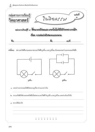 คู่มือครูสอนทางไกลผ่านดาวเทียมสำ�หรับโรงเรียนปลายทาง
596
หน่วยการเรียนรู้ที่ ๔ สิ่งแวดล้อมและเทคโนโลยีดีด้วยพระบารมีฯ
เรื่อง การต่อถ่านไฟฉายแบบขนาน
ชื่อ..................................................................................................................ชั้น............................................เลขที่.................................
แผ่นที่
๓
ใบกิจกรรม
คำ�ชี้แจง	 ต่อวงจรไฟฟ้าตามแผนภาพวงจรไฟฟ้ารูปที่ ๑ และรูปที่ ๒ สังเกตแสงสว่างจากหลอดไฟฟ้า
	 ๑.	 แสงสว่างจากหลอดไฟฟ้าต่อตามรูปใด สว่างมากกว่ากัน	
	 	 ..........................................................................................................................................................................................................................................................................
	 ๒.	 กระแสไฟฟ้าที่ผ่านหลอดไฟฟ้าซึ่งต่อตามวงจรไฟฟ้าในรูปที่ ๑ และรูปที่ ๒ แตกต่างกันหรือไม่	
		...........................................................................................................................................................................................................................................................................
	 ๓.	 ทราบได้อย่างไร
		...........................................................................................................................................................................................................................................................................
	 	 ...........................................................................................................................................................................................................................................................................
	 	 ...........................................................................................................................................................................................................................................................................
w w w w w w w w
	 รูปที่ ๑	 รูปที่ ๒
กลุ่มสาระการเรียนรู้
วิทยาศาสตร์
 