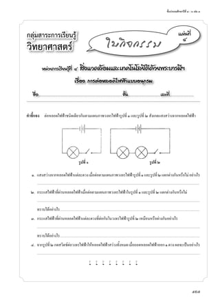 ชั้นประถมศึกษาปีที่ ๔ - ๖ เล่ม ๓
597
หน่วยการเรียนรู้ที่ ๔ สิ่งแวดล้อมและเทคโนโลยีดีด้วยพระบารมีฯ
เรื่อง การต่อหลอดไฟฟ้าแบบอนุกรม
ชื่อ..................................................................................................................ชั้น............................................เลขที่.................................
แผ่นที่
๔
ใบกิจกรรม
คำ�ชี้แจง	 ต่อหลอดไฟฟ้าชนิดเดียวกันตามแผนภาพวงจรไฟฟ้ารูปที่ ๑ และรูปที่ ๒ สังเกตแสงสว่างจากหลอดไฟฟ้า
	 ๑.	 แสงสว่างจากหลอดไฟฟ้าแต่ละดวงเมื่อต่อตามแผนภาพวงจรไฟฟ้ารูปที่๑และรูปที่๒แตกต่างกันหรือไม่อย่างไร
	 	 ..........................................................................................................................................................................................................................................................................
	 ๒.	 กระแสไฟฟ้าที่ผ่านหลอดไฟฟ้าเมื่อต่อตามแผนภาพวงจรไฟฟ้าในรูปที่ ๑ และรูปที่ ๒ แตกต่างกันหรือไม่
		...........................................................................................................................................................................................................................................................................
	 	 ทราบได้อย่างไร.....................................................................................................................................................................................................................................
	 ๓.	 กระแสไฟฟ้าที่ผ่านหลอดไฟฟ้าแต่ละดวงที่ต่อกันในวงจรไฟฟ้ารูปที่ ๒ เหมือนหรือต่างกันอย่างไร
		...........................................................................................................................................................................................................................................................................
	 	 ทราบได้อย่างไร.....................................................................................................................................................................................................................................
	 ๔.	 จากรูปที่๒กดสวิตช์ต่อวงจรไฟฟ้าให้หลอดไฟฟ้าสว่างทั้งหมดเมื่อถอดหลอดไฟฟ้าออก๑ดวงผลจะเป็นอย่างไร
	 	 ...........................................................................................................................................................................................................................................................................
w w w w w w w w
	 รูปที่ ๑	 รูปที่ ๒
กลุ่มสาระการเรียนรู้
วิทยาศาสตร์
 