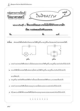 คู่มือครูสอนทางไกลผ่านดาวเทียมสำ�หรับโรงเรียนปลายทาง
598
หน่วยการเรียนรู้ที่ ๔ สิ่งแวดล้อมและเทคโนโลยีดีด้วยพระบารมีฯ
เรื่อง การต่อหลอดไฟฟ้าแบบขนาน
ชื่อ..................................................................................................................ชั้น............................................เลขที่.................................
แผ่นที่
๕
ใบกิจกรรม
คำ�ชี้แจง	 ต่อหลอดไฟฟ้าชนิดเดียวกันตามวงจรไฟฟ้ารูปที่ ๑ และรูปที่ ๒ สังเกตแสงสว่างจากหลอดไฟฟ้า
	 ๑.	 แสงสว่างจากหลอดไฟฟ้าแต่ละดวงเมื่อต่อตามแผนภาพวงจรไฟฟ้ารูปที่๑และรูปที่๒แตกต่างกันหรือไม่อย่างไร
	 	 ..........................................................................................................................................................................................................................................................................
	 ๒.	 กระแสไฟฟ้าที่ผ่านหลอดไฟฟ้าแต่ละดวงเมื่อต่อวงจรไฟฟ้าในรูปที่ ๑ และรูปที่ ๒ ต่างกันหรือไม่ อย่างไร
		...........................................................................................................................................................................................................................................................................
	 	 ทราบได้อย่างไร.....................................................................................................................................................................................................................................
	 ๓.	 จากรูปที่ ๒ กดสวิตช์ให้หลอดไฟฟ้าสว่างทั้งหมด เมื่อถอดหลอดไฟฟ้าออก ๑ ดวง ผลจะเป็นอย่างไร	
		...........................................................................................................................................................................................................................................................................
	 ๔.	 แสงสว่างจากหลอดไฟฟ้าเมื่อต่อแบบอนุกรม และเมื่อต่อแบบขนาน แตกต่างกันหรือไม่ อย่างไร
	 	 ...........................................................................................................................................................................................................................................................................
	 ๕.	 ปริมาณกระแสไฟฟ้าที่ผ่านหลอดไฟฟ้าซึ่งต่อกันแบบอนุกรมและแบบขนานแตกต่างกันหรือไม่ อย่างไร	
		...........................................................................................................................................................................................................................................................................
w w w w w w w w
	 รูปที่ ๑	 รูปที่ ๒
กลุ่มสาระการเรียนรู้
วิทยาศาสตร์
 