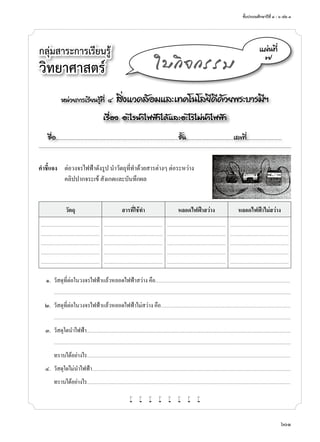 ชั้นประถมศึกษาปีที่ ๔ - ๖ เล่ม ๓
601
หน่วยการเรียนรู้ที่ ๔ สิ่งแวดล้อมและเทคโนโลยีดีด้วยพระบารมีฯ
เรื่อง อะไรนำ�ไฟฟ้าได้และอะไรไม่นำ�ไฟฟ้า
ชื่อ..................................................................................................................ชั้น............................................เลขที่.................................
แผ่นที่
๗
ใบกิจกรรม
กลุ่มสาระการเรียนรู้
วิทยาศาสตร์
คำ�ชี้แจง	 ต่อวงจรไฟฟ้าดังรูป นำ�วัตถุที่ทำ�ด้วยสารต่างๆ ต่อระหว่าง
	 คลิปปากจระเข้ สังเกตและบันทึกผล
วัตถุ สารที่ใช้ทำ� หลอดไฟฟ้าสว่าง หลอดไฟฟ้าไม่สว่าง
.................................................................. .................................................................. .................................................................. ..................................................................
.................................................................. .................................................................. .................................................................. ..................................................................
.................................................................. .................................................................. .................................................................. ..................................................................
.................................................................. .................................................................. .................................................................. ..................................................................
.................................................................. .................................................................. .................................................................. ..................................................................
	 ๑.	 วัสดุที่ต่อในวงจรไฟฟ้าแล้วหลอดไฟฟ้าสว่าง คือ........................................................................................................................................................
		...........................................................................................................................................................................................................................................................................
	 ๒.	 วัสดุที่ต่อในวงจรไฟฟ้าแล้วหลอดไฟฟ้าไม่สว่าง คือ..................................................................................................................................................
		...........................................................................................................................................................................................................................................................................
	 ๓.	 วัสดุใดนำ�ไฟฟ้า......................................................................................................................................................................................................................................
		...........................................................................................................................................................................................................................................................................
	 	 ทราบได้อย่างไร.....................................................................................................................................................................................................................................
	 ๔.	 วัสดุใดไม่นำ�ไฟฟ้า................................................................................................................................................................................................................................
	 	 ทราบได้อย่างไร.....................................................................................................................................................................................................................................
w w w w w w w w
 
