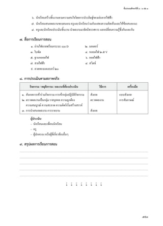 ชั้นประถมศึกษาปีที่ ๔ - ๖ เล่ม ๓
593
	 ๖.	 นักเรียนสร้างชิ้นงานตามความสนใจโดยการประดิษฐ์ของเล่นจากไฟฟ้า
	 ๗.	 นักเรียนเสนอผลงานของตนเอง ครูและนักเรียนร่วมกันแสดงความคิดเห็นและให้ข้อเสนอแนะ
	 ๘.	 ครูและนักเรียนประเมินชิ้นงาน นำ�ผลงานมาจัดนิทรรศการ แลกเปลี่ยนความรู้ซึ่งกันและกัน
๗.	สื่อการเรียนการสอน
	 ๑.	ถ่านไฟฉายพร้อมกระบะ size D	 ๒.	มอเตอร์
	 ๓.	ใบพัด	 ๔.	หลอดไฟ ๒.๕ V
	 ๕.	ฐานหลอดไฟ	 ๖.	ออดไฟฟ้า
	 ๗.	สายไฟฟ้า	 ๘.	สวิตช์
	 ๙.	ลวดทองแดงเบอร์ ๒๐
๘.	การประเมินตามสภาพจริง
กิจกรรม / พฤติกรรม / ผลงานที่ต้องประเมิน วิธีการ เครื่องมือ
๑.	 สังเกตการเข้าร่วมกิจกรรม การเข้ากลุ่มปฏิบัติกิจกรรม สังเกต แบบสังเกต
๒.	ตรวจผลงานเป็นกลุ่ม รายบุคคล ความถูกต้อง
	 ความสมบูรณ์ ความสะอาด ความคิดริเริ่มสร้างสรรค์
ตรวจผลงาน การสัมภาษณ์
๓.	การนำ�เสนอผลงาน การรายงาน สังเกต
ผู้ประเมิน
–	 นักเรียนและเพื่อนนักเรียน
–	 ครู
–	 ผู้ปกครอง หรือผู้ที่เกี่ยวข้องอื่นๆ
๙.	สรุปผลการเรียนการสอน
............................................................................................................................................................................................................................................................................................
............................................................................................................................................................................................................................................................................................
............................................................................................................................................................................................................................................................................................
............................................................................................................................................................................................................................................................................................
............................................................................................................................................................................................................................................................................................
w w w w w w w w
 