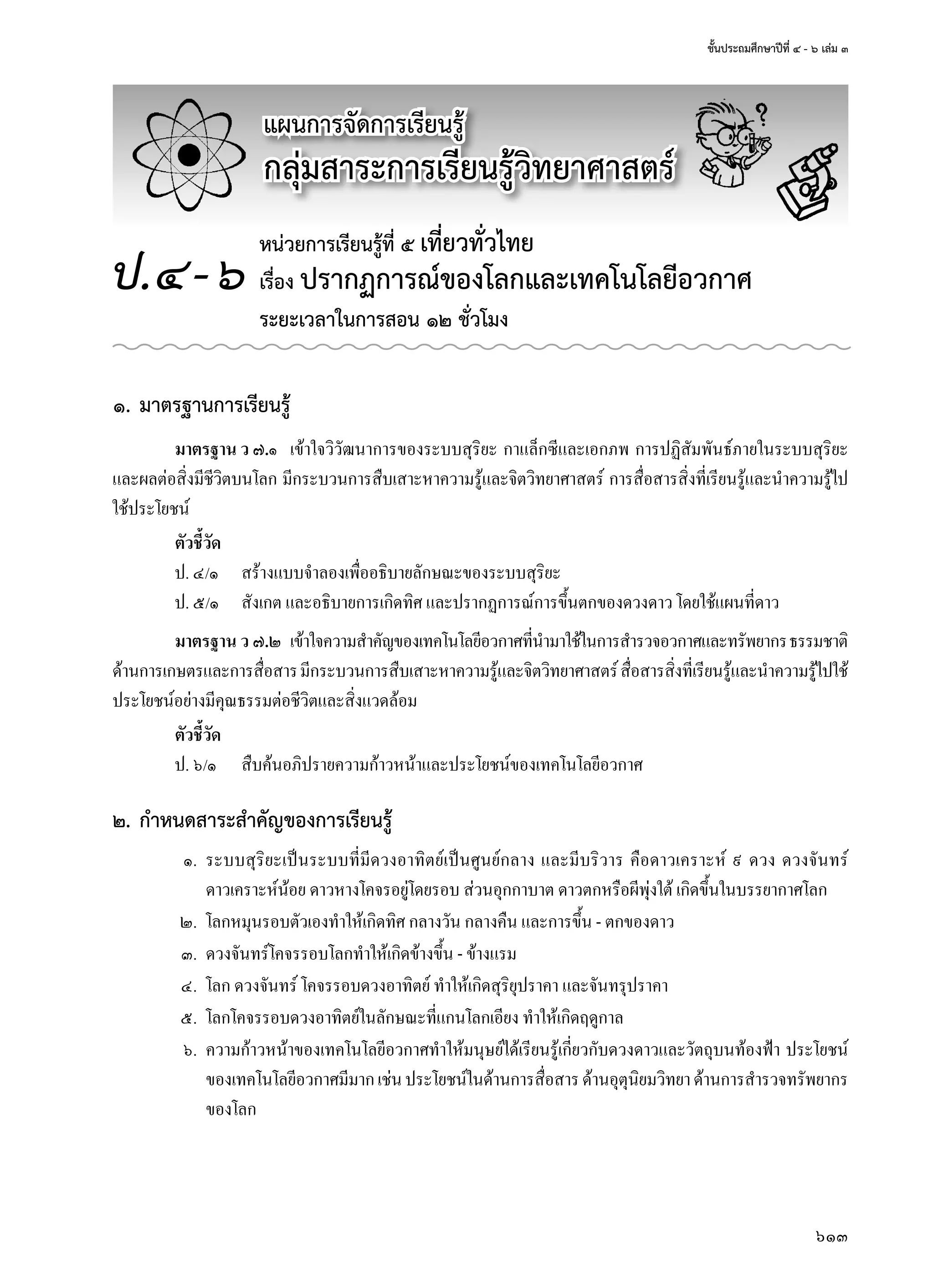 ชั้นประถมศึกษาปีที่ ๔ - ๖ เล่ม ๓
613
๑.	มาตรฐานการเรียนรู้
มาตรฐาน ว ๗.๑	 เข้าใจวิวัฒนาการของระบบสุริยะ กาแล็กซีและเอกภพ การปฏิสัมพันธ์ภายในระบบสุริยะ
และผลต่อสิ่งมีชีวิตบนโลก มีกระบวนการสืบเสาะหาความรู้และจิตวิทยาศาสตร์ การสื่อสารสิ่งที่เรียนรู้และนำ�ความรู้ไป
ใช้ประโยชน์
ตัวชี้วัด
ป. ๔/๑	 สร้างแบบจำ�ลองเพื่ออธิบายลักษณะของระบบสุริยะ
ป. ๕/๑	 สังเกต และอธิบายการเกิดทิศ และปรากฏการณ์การขึ้นตกของดวงดาว โดยใช้แผนที่ดาว
มาตรฐาน ว ๗.๒	 เข้าใจความสำ�คัญของเทคโนโลยีอวกาศที่นำ�มาใช้ในการสำ�รวจอวกาศและทรัพยากรธรรมชาติ
ด้านการเกษตรและการสื่อสารมีกระบวนการสืบเสาะหาความรู้และจิตวิทยาศาสตร์สื่อสารสิ่งที่เรียนรู้และนำ�ความรู้ไปใช้
ประโยชน์อย่างมีคุณธรรมต่อชีวิตและสิ่งแวดล้อม
ตัวชี้วัด
ป. ๖/๑	 สืบค้นอภิปรายความก้าวหน้าและประโยชน์ของเทคโนโลยีอวกาศ
๒.	กำ�หนดสาระสำ�คัญของการเรียนรู้
	 ๑.	 ระบบสุริยะเป็นระบบที่มีดวงอาทิตย์เป็นศูนย์กลาง และมีบริวาร คือดาวเคราะห์ ๙ ดวง ดวงจันทร์
ดาวเคราะห์น้อย ดาวหางโคจรอยู่โดยรอบ ส่วนอุกกาบาต ดาวตกหรือผีพุ่งใต้ เกิดขึ้นในบรรยากาศโลก
	 ๒.	 โลกหมุนรอบตัวเองทำ�ให้เกิดทิศ กลางวัน กลางคืน และการขึ้น - ตกของดาว
	 ๓.	 ดวงจันทร์โคจรรอบโลกทำ�ให้เกิดข้างขึ้น - ข้างแรม
	 ๔.	 โลก ดวงจันทร์ โคจรรอบดวงอาทิตย์ ทำ�ให้เกิดสุริยุปราคา และจันทรุปราคา
	 ๕.	 โลกโคจรรอบดวงอาทิตย์ในลักษณะที่แกนโลกเอียง ทำ�ให้เกิดฤดูกาล
	 ๖.	 ความก้าวหน้าของเทคโนโลยีอวกาศทำ�ให้มนุษย์ได้เรียนรู้เกี่ยวกับดวงดาวและวัตถุบนท้องฟ้า ประโยชน์
ของเทคโนโลยีอวกาศมีมากเช่นประโยชน์ในด้านการสื่อสารด้านอุตุนิยมวิทยาด้านการสำ�รวจทรัพยากร
ของโลก
แผนการจัดการเรียนรู้
กลุ่มสาระการเรียนรู้วิทยาศาสตร์
หน่วยการเรียนรู้ที่ ๕ เที่ยวทั่วไทย
เรื่อง ปรากฏการณ์ของโลกและเทคโนโลยีอวกาศ
ระยะเวลาในการสอน ๑๒ ชั่วโมง
ป.๔-๖
 