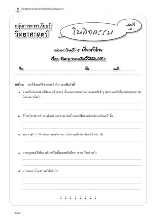คู่มือครูสอนทางไกลผ่านดาวเทียมสำ�หรับโรงเรียนปลายทาง
624
กลุ่มสาระการเรียนรู้
วิทยาศาสตร์
หน่วยการเรียนรู้ที่ ๕ เที่ยวทั่วไทย
เรื่อง จันทรุปราคาเกิดขึ้นได้อย่างไร
ชื่อ..................................................................................................................ชั้น............................................เลขที่.................................
แผ่นที่
๗
ใบกิจกรรม
คำ�ชี้แจง	 ผลที่สังเกตได้จากการทำ�กิจกรรมเป็นดังนี้
	 ๑.	 นำ�ผลส้มบังแสงจากไฟฉาย แล้วค่อยๆ เลื่อนผลมะนาวผ่านเงาของผลส้มช้าๆ เงาของผลส้มที่ตกบนผลมะนาวจะ
มีลักษณะอย่างไร
		...........................................................................................................................................................................................................................................................................
	 	 ...........................................................................................................................................................................................................................................................................
	 ๒.	 ถ้าโลกโคจรระหว่างดวงจันทร์ และดวงอาทิตย์ในแนวเส้นตรงเดียวกัน จะเกิดอะไรขึ้น
		...........................................................................................................................................................................................................................................................................
	 	 ...........................................................................................................................................................................................................................................................................
	 ๓.	 ขณะดวงจันทร์โคจรผ่านเงาของโลก คนบนโลกจะเห็นดวงจันทร์เป็นอย่างไร
		...........................................................................................................................................................................................................................................................................
	 	 ...........................................................................................................................................................................................................................................................................
	 ๔.	 ปรากฏการณ์ที่เห็นดวงจันทร์มืดทั้งหมดหรือมืดบางส่วน เรียกว่าอะไร
		...........................................................................................................................................................................................................................................................................
	 	 ...........................................................................................................................................................................................................................................................................
	 ๕.	 การทดลองนี้จะสรุปผลได้อย่างไร
		...........................................................................................................................................................................................................................................................................
	 	 ...........................................................................................................................................................................................................................................................................
	 	 ..........................................................................................................................................................................................................................................................................
w w w w w w w w
 