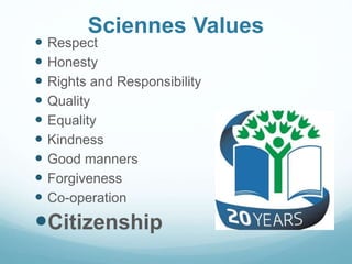 Sciennes Values
 Respect
 Honesty
 Rights and Responsibility
 Quality
 Equality
 Kindness
 Good manners
 Forgivene...
