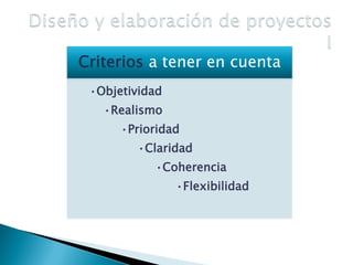Criterios a tener en cuenta
•Objetividad
•Realismo
•Prioridad
•Claridad
•Coherencia
•Flexibilidad