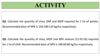 ACTIVITY
Q1. Calculate the quantity of Urea, DAP and MOP required for 1 ha of potato.
Recommended dose of NPK is 150:100:110 kg/ha respectively.
Q2. Calculate the quantity of Urea, MOP and NPK mixture (12:32:16) required
for 1 ha of chilli. Recommended dose of NPK is 100:60:80 kg/ha respectively.
 