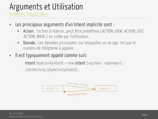 Arguments et Utilisation
•  Les principaux arguments d’un Intent implicite sont :
•  Action : l’action à réaliser, peut être prédéfinie (ACTION_VIEW, ACTION_EDIT,
ACTION_MAIN…) ou créée par l’utilisateur.
•  Donnée : Les données principales sur lesquelles on va agir, tel que le
numéro de téléphone à appeler.
•  Il est typiquement appelé comme suit:
Intent myActivityIntent = new Intent (<action>, <donnee>) ;
startActivity (myActivityIntent) ;
Dr. Lilia SFAXI
www.liliasfaxi.wix.com/liliasfaxi
Slide 7
Intents Implicites
Activité – 1 Activité – 2
Intent {action+ donnée}
Résultats (optionnels)
 
 