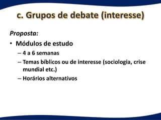 Proposta:
• Módulos de estudo
  – 4 a 6 semanas
  – Temas bíblicos ou de interesse (sociologia, crise
    mundial etc.)
  – Horários alternativos
 