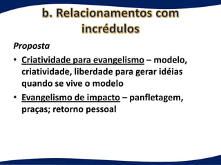 Proposta
• Criatividade para evangelismo – modelo,
  criatividade, liberdade para gerar idéias
  quando se vive o modelo
• Evangelismo de impacto – panfletagem,
  praças; retorno pessoal
 