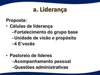 Proposta:
• Células de liderança
   –Fortalecimento do grupo base
   –Unidade de visão e propósito
   –4 E’vocês

• Pastoreio de líderes
   –Acompanhamento pessoal
   –Questões administrativas
 