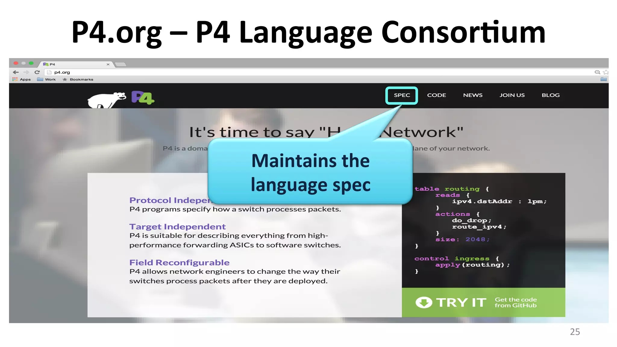 P4.org	
  –	
  P4	
  Language	
  Consor9um	
  
25	
  
Maintains	
  the	
  
language	
  spec	
  
 