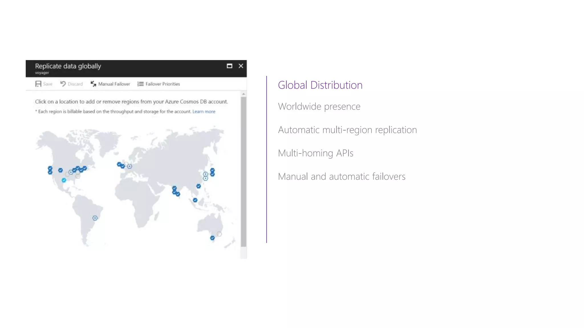Global Distribution
Worldwide presence
Automatic multi-region replication
Multi-homing APIs
Manual and automatic failovers
 