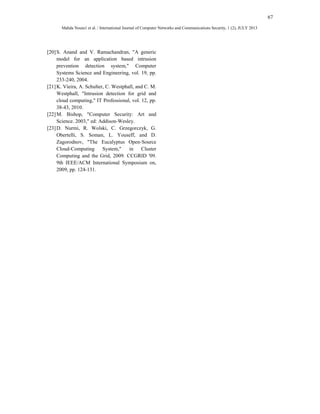 67 
Mahda Noura1 et al. / International Journal of Computer Networks and Communications Security, 1 (2), JULY 2013 
[20] S. Anand and V. Ramachandran, "A generic 
model for an application based intrusion 
prevention detection system," Computer 
Systems Science and Engineering, vol. 19, pp. 
233-240, 2004. 
[21] K. Vieira, A. Schulter, C. Westphall, and C. M. 
Westphall, "Intrusion detection for grid and 
cloud computing," IT Professional, vol. 12, pp. 
38-43, 2010. 
[22] M. Bishop, "Computer Security: Art and 
Science. 2003," ed: Addison-Wesley. 
[23] D. Nurmi, R. Wolski, C. Grzegorczyk, G. 
Obertelli, S. Soman, L. Youseff, and D. 
Zagorodnov, "The Eucalyptus Open-Source 
Cloud-Computing System," in Cluster 
Computing and the Grid, 2009. CCGRID '09. 
9th IEEE/ACM International Symposium on, 
2009, pp. 124-131. 
