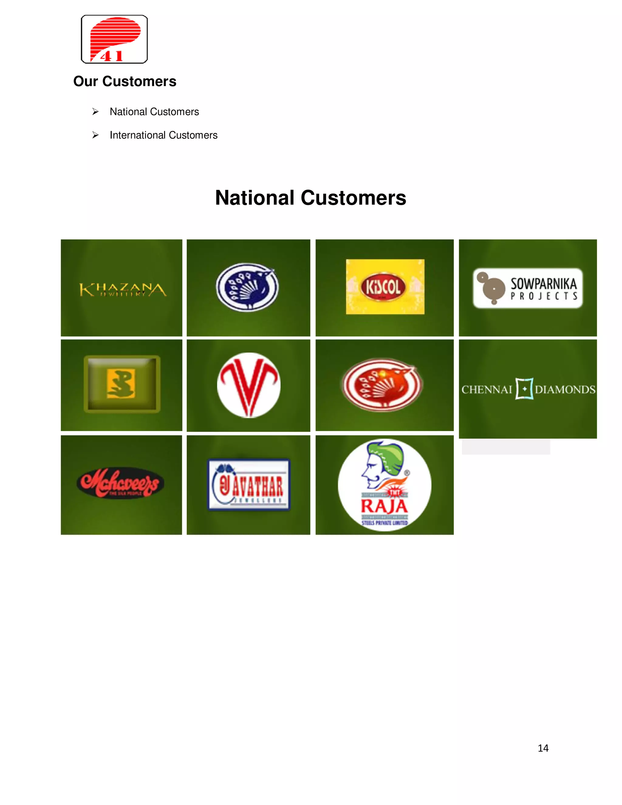 Our Customers

    National Customers

    International Customers




                          National Customers




                                               14
 