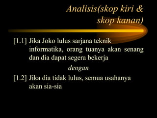 Analisis(skop kiri &
skop kanan)
[1.1] Jika Joko lulus sarjana teknik
informatika, orang tuanya akan senang
dan dia dapat segera bekerja
dengan
[1.2] Jika dia tidak lulus, semua usahanya
akan sia-sia
 