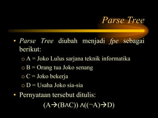 Parse Tree
• Parse Tree diubah menjadi fpe sebagai
berikut:
o A = Joko Lulus sarjana teknik informatika
o B = Orang tua Joko senang
o C = Joko bekerja
o D = Usaha Joko sia-sia
• Pernyataan tersebut ditulis:
(A(B∧C)) ∧((¬A)D)
 