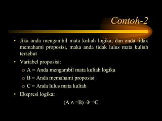 Contoh-2
• Jika anda mengambil mata kuliah logika, dan anda tidak
memahami proposisi, maka anda tidak lulus mata kuliah
tersebut
• Variabel proposisi:
o A = Anda mengambil mata kuliah logika
o B = Anda memahami proposisi
o C = Anda lulus mata kuliah
• Ekspresi logika:
(A ∧ ¬B)  ¬C
 