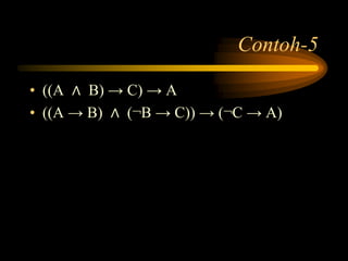 Contoh-5
• ((A ∧ B) → C) → A
• ((A → B) ∧ (¬B → C)) → (¬C → A)
 