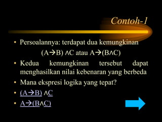 Contoh-1
• Persoalannya: terdapat dua kemungkinan
(AB) ∧C atau A(B∧C)
• Kedua kemungkinan tersebut dapat
menghasilkan nilai kebenaran yang berbeda
• Mana ekspresi logika yang tepat?
• (AB) ∧C
• A(B∧C)
 