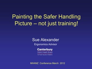Painting the Safer Handling
 Picture – not just training!

        Sue Alexander
          Ergonomics Advisor




       MHANZ Conference March 2012
 