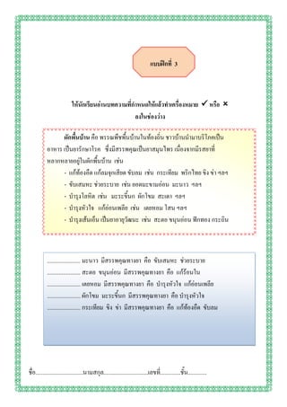 แบบฝึกที่ 3



                           ให้นักเรียนอ่านบทความที่กาหนดให้แล้วทาเครื่องหมาย  หรือ 
                                                    ลงในช่องว่าง

                 ผักพื้นบ้าน คือ พรรณพืชพื้นบ้านในท้องถิ่น ชาวบ้านนามาบริโภคเป็น
           อาหาร เป็นยารักษาโรค ซึ่งมีสรรพคุณเป็นยาสมุนไพร เนื่องจากมีรสยาที่
           หลากหลายอยู่ในผักพื้นบ้าน เช่น
                 - แก้ท้องอืด แก้ลมจุกเสียด ขับลม เช่น กระเทียม พริกไทย ขิง ข่า ฯลฯ
                 - ขับเสมหะ ช่วยระบาย เช่น ยอดมะขามอ่อน มะนาว ฯลฯ
                 - บารุงโลหิต เช่น มะระขี้นก ผักโขม สะเดา ฯลฯ
                 - บารุงหัวใจ แก้อ่อนเพลีย เช่น เตยหอม โสน ฯลฯ
                 - บารุงเส้นเอ็น เป็นยาอายุวัฒนะ เช่น สะตอ ขนุนอ่อน ฟักทอง กระถิน



           ....................... มะนาว มีสรรพคุณทางยา คือ ขับเสมหะ ช่วยระบาย
           ....................... สะตอ ขนุนอ่อน มีสรรพคุณทางยา คือ แก้ร้อนใน
           ....................... เตยหอม มีสรรพคุณทางยา คือ บารุงหัวใจ แก้อ่อนเพลีย
           ....................... ผักโขม มะระขี้นก มีสรรพคุณทางยา คือ บารุงหัวใจ
           ....................... กระเทียม ขิง ข่า มีสรรพคุณทางยา คือ แก้ท้องอืด ขับลม




ชื่อ.................................นามสกุล...............................เลขที.่ .............ชั้น.............
 