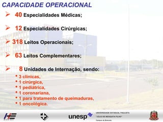 CAPACIDADE OPERACIONAL
 40 Especialidades Médicas;
 12 Especialidades Cirúrgicas;
 318 Leitos Operacionais;
 63 Leitos Complementares;
 8 Unidades de Internação, sendo:
• 3 clínicas,
• 1 cirúrgica,
• 1 pediátrica,
• 1 coronariana,
• 1 para tratamento de queimaduras,
• 1 oncológica.
Campus de Botucatu
"JÚLIO DE MESQUITA FILHO"
UNIVERSIDADE ESTADUAL PAULISTA
 