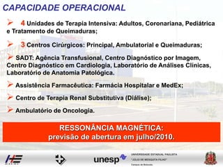 CAPACIDADE OPERACIONAL
 4 Unidades de Terapia Intensiva: Adultos, Coronariana, Pediátrica
e Tratamento de Queimaduras;
 3 Centros Cirúrgicos: Principal, Ambulatorial e Queimaduras;
 SADT: Agência Transfusional, Centro Diagnóstico por Imagem,
Centro Diagnóstico em Cardiologia, Laboratório de Análises Clínicas,
Laboratório de Anatomia Patológica.
 Assistência Farmacêutica: Farmácia Hospitalar e MedEx;
 Centro de Terapia Renal Substitutiva (Diálise);
 Ambulatório de Oncologia.
Campus de Botucatu
"JÚLIO DE MESQUITA FILHO"
UNIVERSIDADE ESTADUAL PAULISTA
RESSONÂNCIA MAGNÉTICA:
previsão de abertura em julho/2010.
 