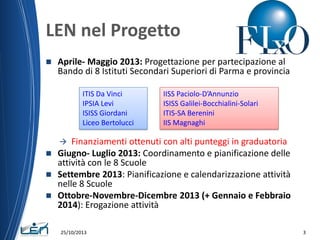 LEN nel Progetto


Aprile- Maggio 2013: Progettazione per partecipazione al
Bando di 8 Istituti Secondari Superiori di Pa...