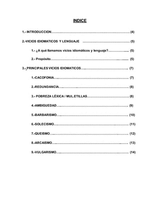 INDICE
1.- INTRODUCCION………………………………………………………………… (4)
2.-VICIOS IDIOMATICOS Y LENGUAJE ……………………………………… (5)
1.- ¿A qué llamamos vicios idiomáticos y lenguaje?……………...... (5)
2.- Propósito………………………………………………………...…........ (5)
3.- PRINCIPALES VICIOS IDIOMATICOS…..………………………………….. (7)
1.-CACOFONIA…..…………………………………………………………. (7)
2.-REDUNDANCIA…..…………..…………………………………………. (8)
3.- POBREZA LÉXICA / MUL.ETILLAS…………………………………. (8)
4.-AMBIGUEDAD…..………………………………………………………. (9)
5.-BARBARISMO…..………………………………………………………. (10)
6.-SOLECISMO….……………………………………………….…………. (11)
7.-QUEISMO…..…………………………………………………….………. (12)
8.-ARCAISMO…..……………………………………………………..……. (13)
9.-VULGARISMO…..……………………………………………….………. (14)
 