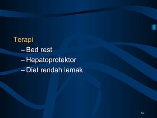 Terapi
– Bed rest
– Hepatoprotektor
– Diet rendah lemak
14
