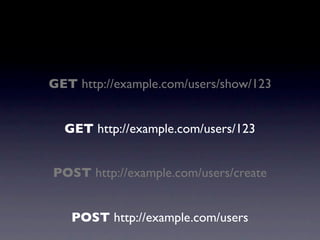GET http://example.com/users/show/123


  GET http://example.com/users/123


POST http://example.com/users/create


   POST http://example.com/users
 