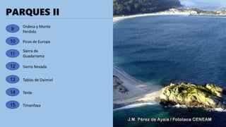 PARQUES II
9
Ordesa y Monte
Perdido
10 Picos de Europa
11
Sierra de
Guadarrama
12 Sierra Nevada
13 Tablas de Daimiel
14 Teide
15 Timanfaya
 