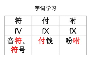 字词学习
符 付 咐
fV fX fX
音符、
符号
付钱 吩咐
 