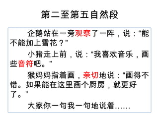 第二至第五自然段
企鹅站在一旁观察了一阵，说：“能
不能加上雪花？”
小猪走上前，说：“我喜欢音乐，画
些音符吧。”
猴妈妈指着画，亲切地说：“画得不
错。如果能在这里画个厨房，就更好
了。”
大家你一句我一句地说着……
 