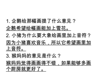 1. 企鹅给那幅画提了什么意见？
企鹅希望给幅画能加上雪花。
2. 小猪为什么要大象给画里加上音符？
因为小猪喜欢音乐，所以它希望画里加
上音符。
3. 猴妈妈的意见是什么？
猴妈妈觉得画画得不错，如果能够多画
个厨房就更好了。
 
