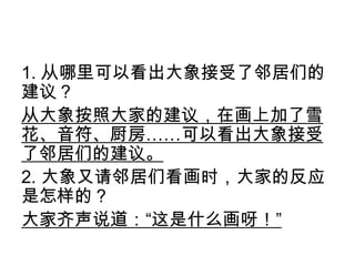 1. 从哪里可以看出大象接受了邻居们的
建议？
从大象按照大家的建议，在画上加了雪
花、音符、厨房……可以看出大象接受
了邻居们的建议。
2. 大象又请邻居们看画时，大家的反应
是怎样的？
大家齐声说道：“这是什么画呀！”
 
