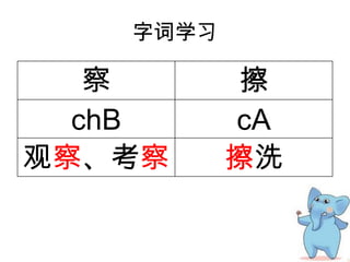 字词学习
察 擦
chB cA
观察、考察 擦洗
 