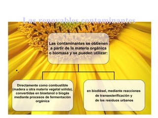 Las renovables contaminantes ,[object Object],Las contaminantes se obtienen a partir de la materia orgánica o biomasa y se pueden utilizar: Directamente como combustible (madera u otra materia vegetal sólida), convertidas en bioetanol o biogás mediante procesos de fermentación orgánica en biodiésel, mediante reacciones  de transesterificación y  de los residuos urbanos 