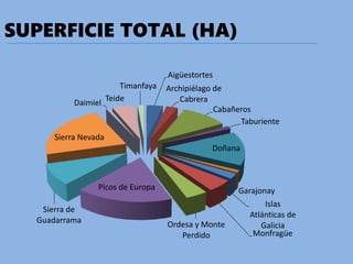SUPERFICIE TOTAL (HA)
Aigüestortes
Archipiélago de
Cabrera
Cabañeros
Taburiente
Doñana
Garajonay
Islas
Atlánticas de
Galicia
Monfragüe
Ordesa y Monte
Perdido
Picos de Europa
Sierra de
Guadarrama
Sierra Nevada
Daimiel
Teide
Timanfaya
 