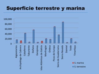 Superficie terrestre y marina
0
20,000
40,000
60,000
80,000
100,000
Aigüestortes
ArchipiélagodeCabrera
Cabañeros
Taburiente
Doñana
Garajonay
IslasAtlánticasdeGalicia
Monfragüe
Ordesa
PicosdeEuropa
SierradeGuadarrama
SierraNevada
Daimiel
Teide
Timanfaya
S. marina
S. terrestre
 