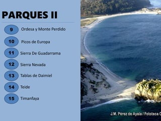PARQUES II
9
10
11
Ordesa y Monte Perdido
Picos de Europa
Sierra De Guadarrama
12
13
Teide
Tablas de Daimiel
Sierra Nevada
Timanfaya
14
15
 