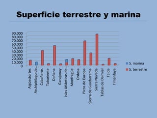 Superficie terrestre y marina
0
10,000
20,000
30,000
40,000
50,000
60,000
70,000
80,000
90,000
Aigüestortes
Archipiélagode…
Cabañeros
Taburiente
Doñana
Garajonay
IslasAtlánticasde…
Monfragüe
Ordesa
PicosdeEuropa
SierradeGuadarrama
SierraNevada
TablasdeDaimiel
Teide
Timanfaya
S. marina
S. terrestre
 