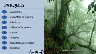 PARQUES
1
2
3
4
5
8
7
6
Aigüestortes.
Archipiélago de Cabrera.
Cabañeros.
Caldera de Taburiente.
Doñana.
Garajonay.
Islas Atlánticas de Galicia.
Monfragüe.
 