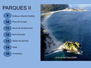 PARQUES II
9
10
15
Ordesa y Monte Perdido
Picos de Europa
Sierra de Guadarrama
12
13
14
11
Sierra Nevada
Tablas de Daimiel
Teide
Timanfaya